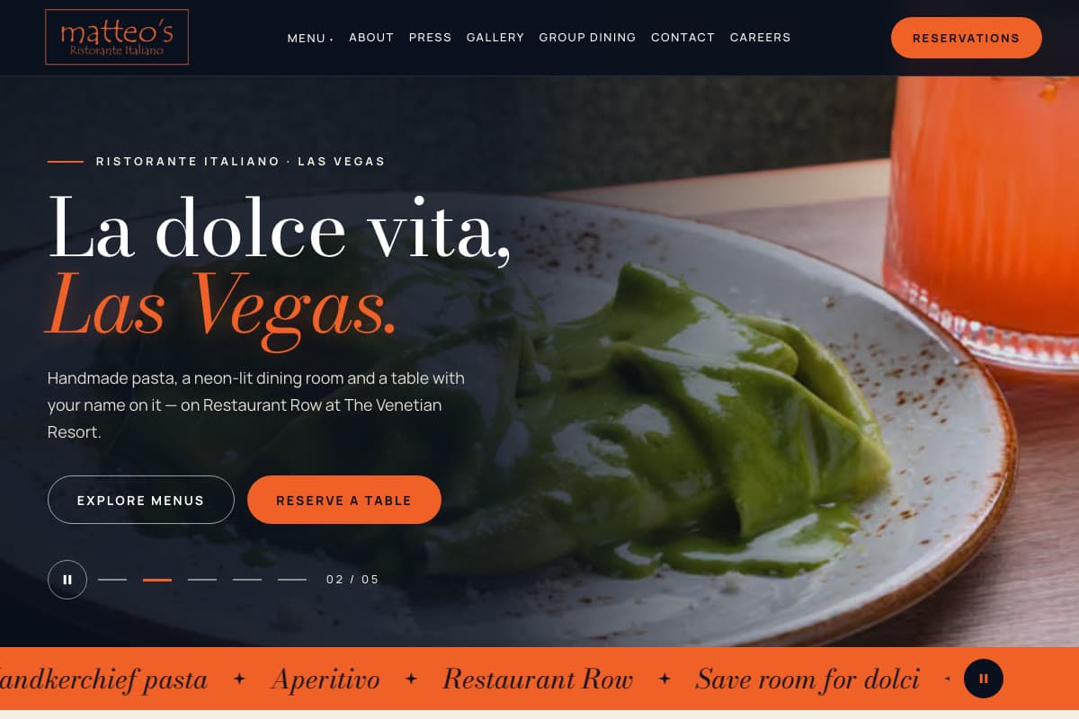 Matteo's Ristorante Italiano homepage: La dolce vita, Las Vegas.