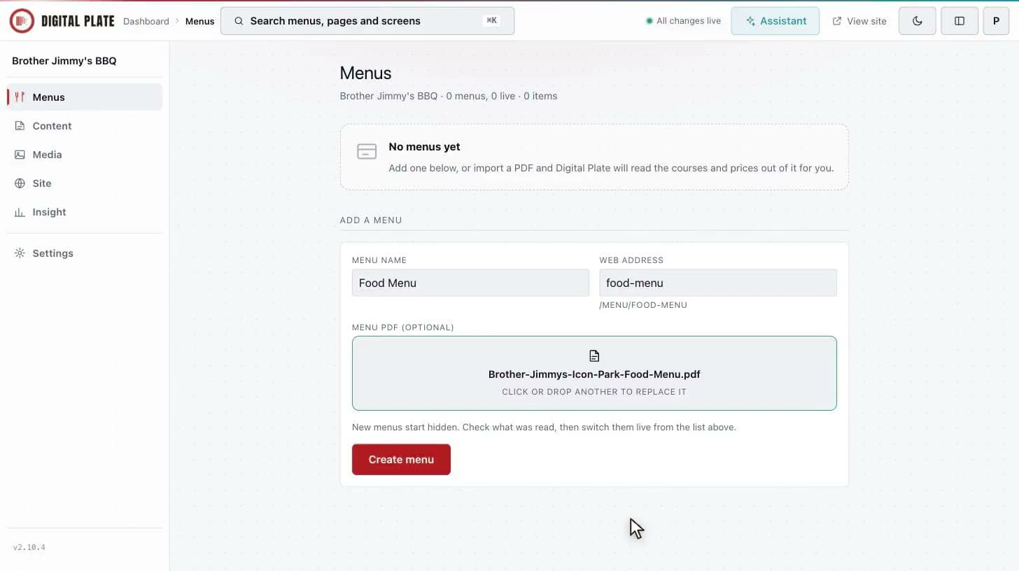 The Digital Plate admin: A menu PDF, read into a live menu · 6 sections, 30 items