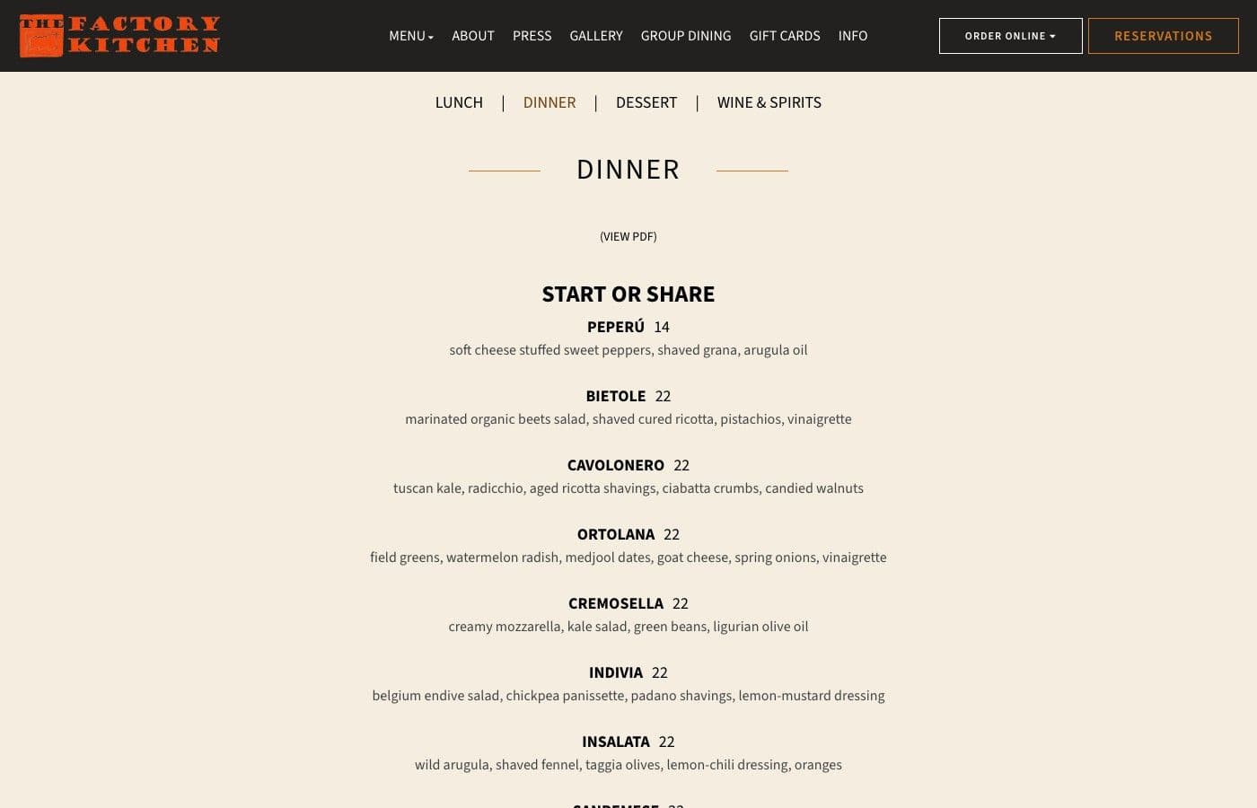 The Factory Kitchen website menu and reservations page