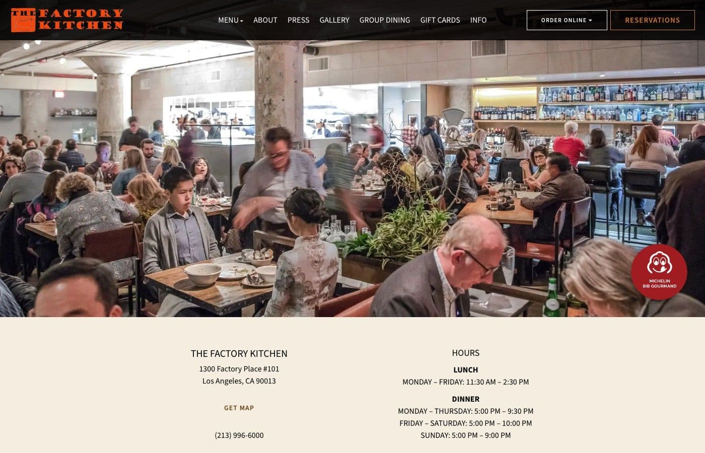 The Factory Kitchen restaurant website shown on desktop